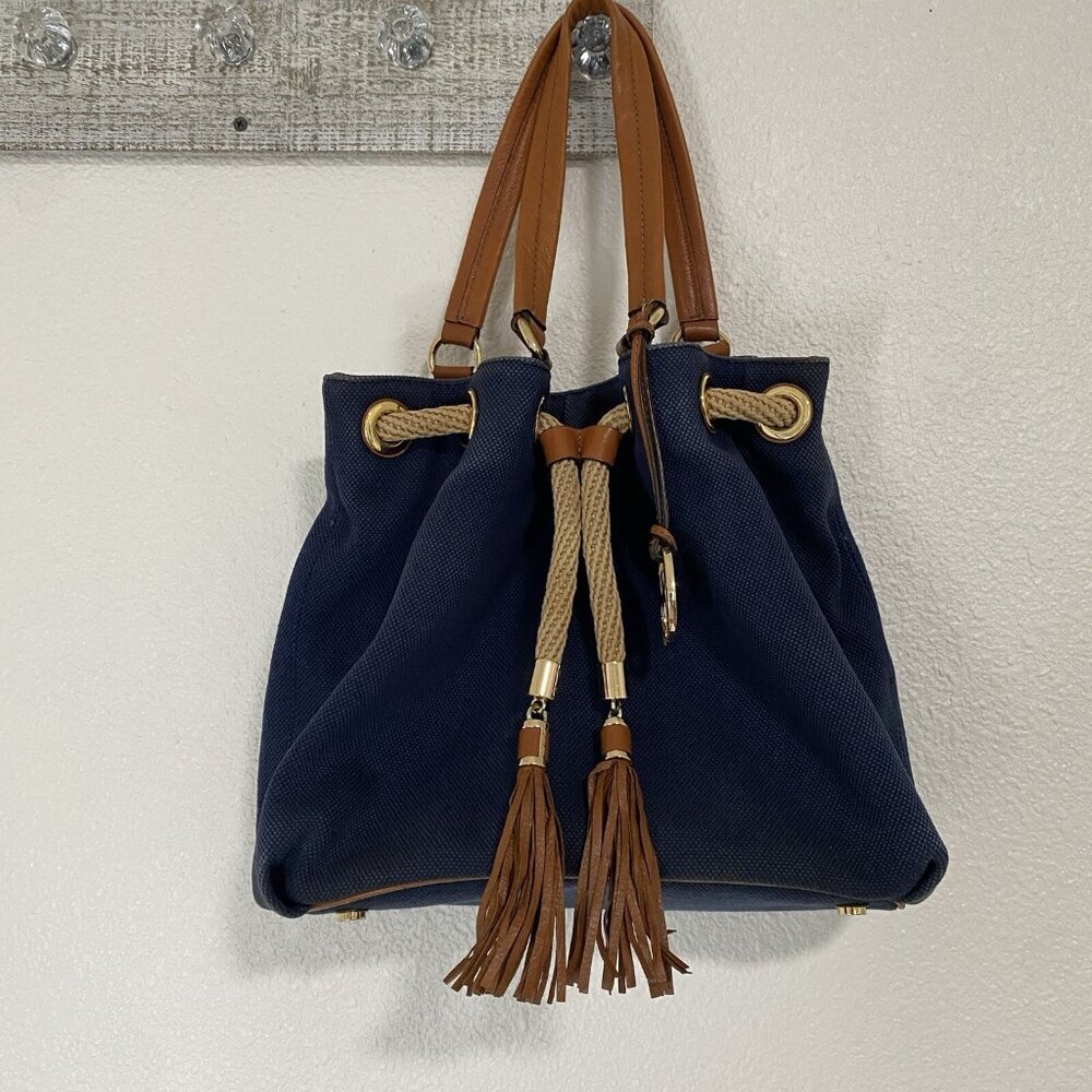 Michael Kors Marina Purse Navy Blue Canvas Brown Leather Tote Bag Bucket Bag - Picture 3 of 16